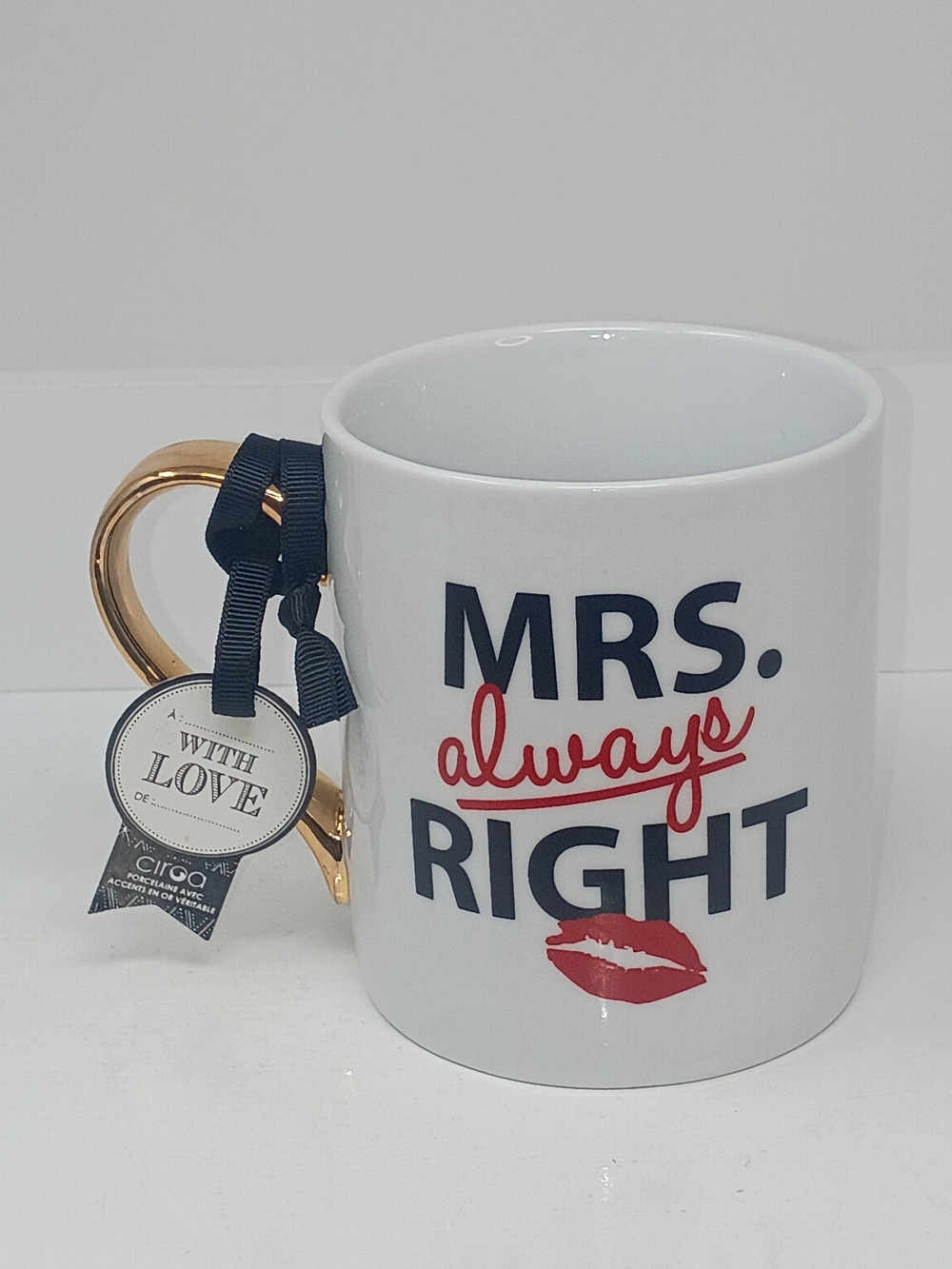 Ciroa White Mug with Gold Handle and Navy & Red Lettering